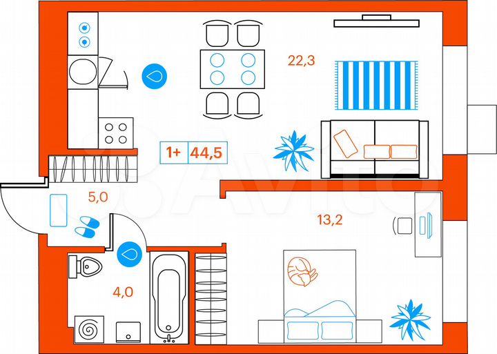 1-к. квартира, 44,5 м², 9/21 эт.
