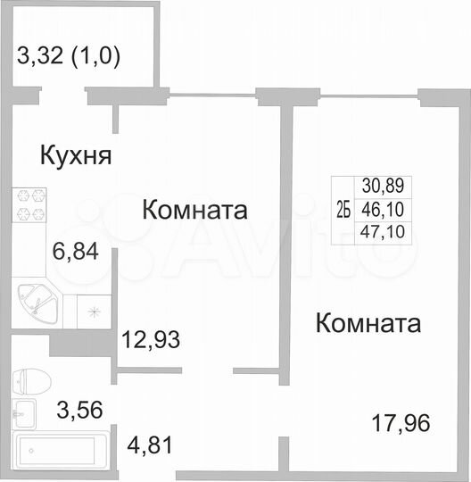 2-к. квартира, 47,1 м², 9/9 эт.