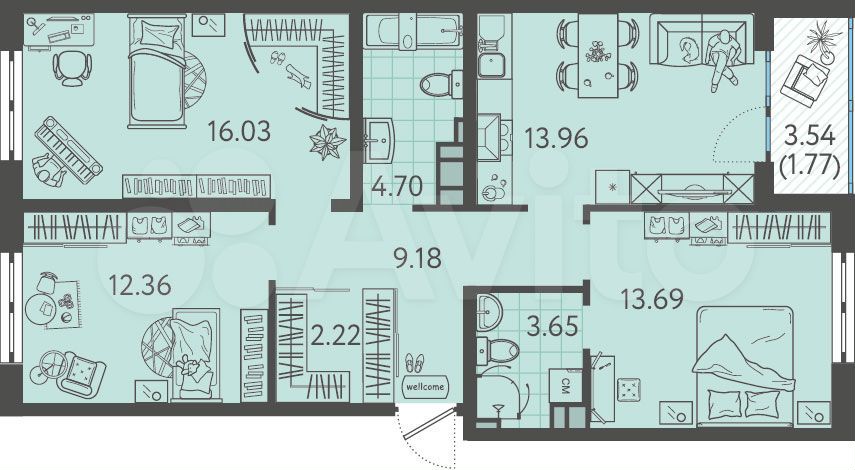 3-к. квартира, 77,6 м², 3/9 эт.