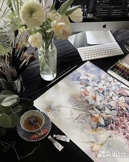 Картина большая акварель весенний букет живопись