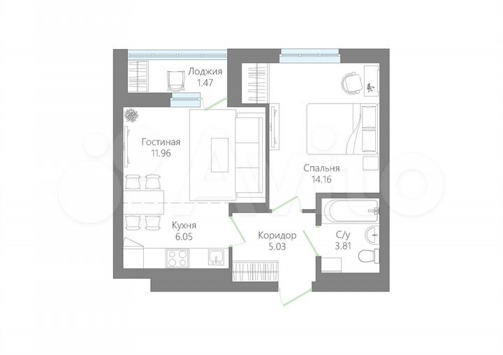 1-к. квартира, 42,5 м², 2/15 эт.