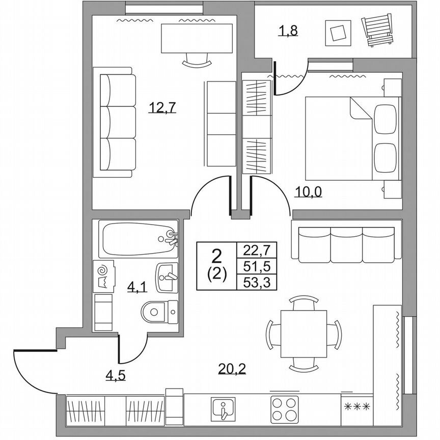 2-к. квартира, 53,3 м², 2/8 эт.