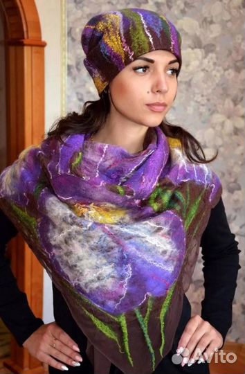 Палантин и шапка из натуральной валяной шерсти