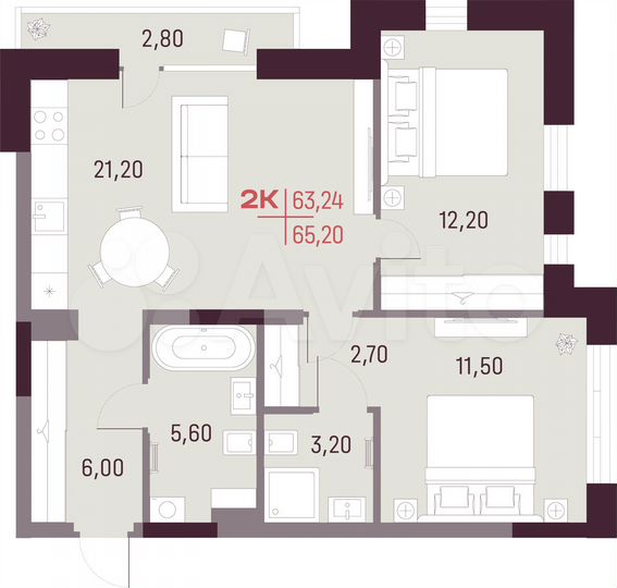 2-к. квартира, 63,2 м², 2/25 эт.
