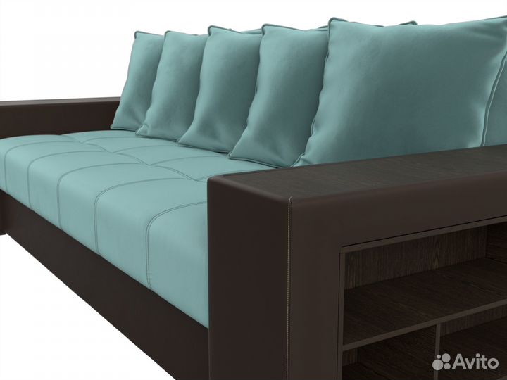 Диван прямой Дубай полки справа, велюр, экокожа, бирюзовый, коричневый