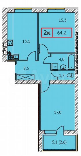 2-к. квартира, 64,2 м², 1/9 эт.