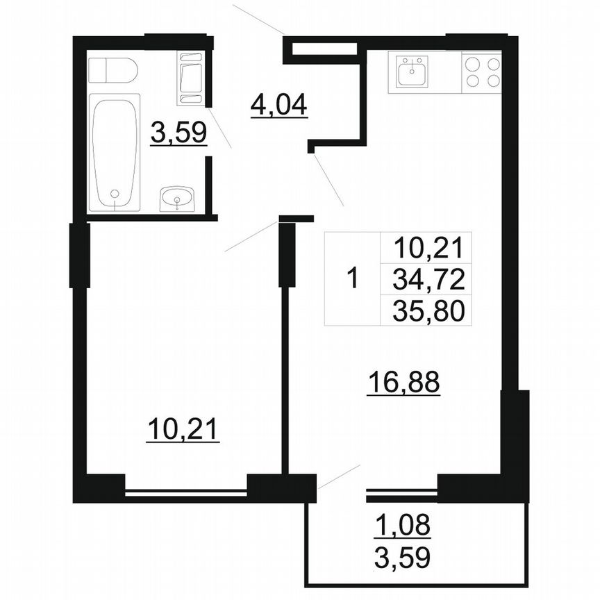 1-к. квартира, 35,8 м², 6/11 эт.