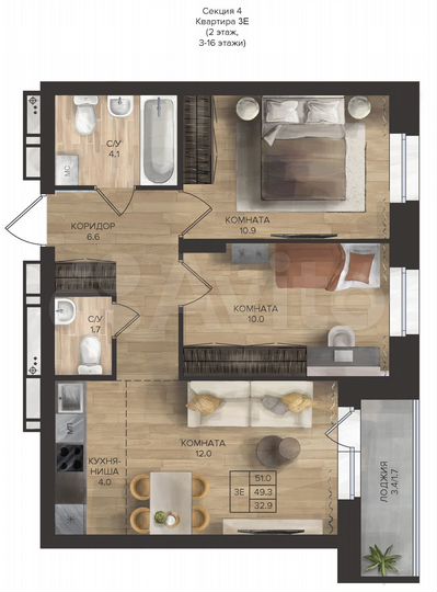 3-к. квартира, 51 м², 15/16 эт.