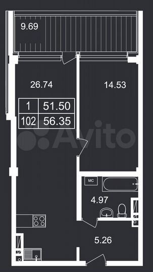 1-к. апартаменты, 56,4 м², 6/8 эт.