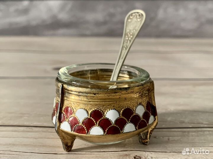 Мельхиоровая солонка с ложечкой эмаль СССР винтаж