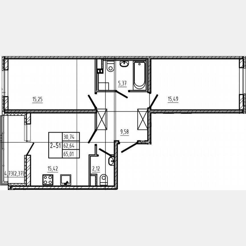 2-к. квартира, 62,6 м², 2/4 эт.