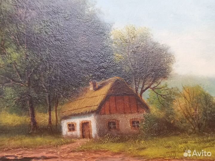 Антикварная картина пейзаж домик холст масло подпи
