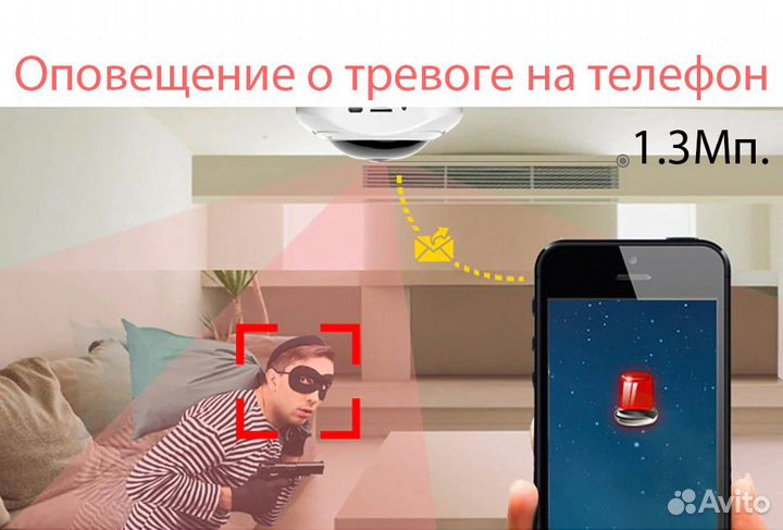 3D Wifi IP Камера 1.3Мп Рыбий Глаз Видеонаблюдение