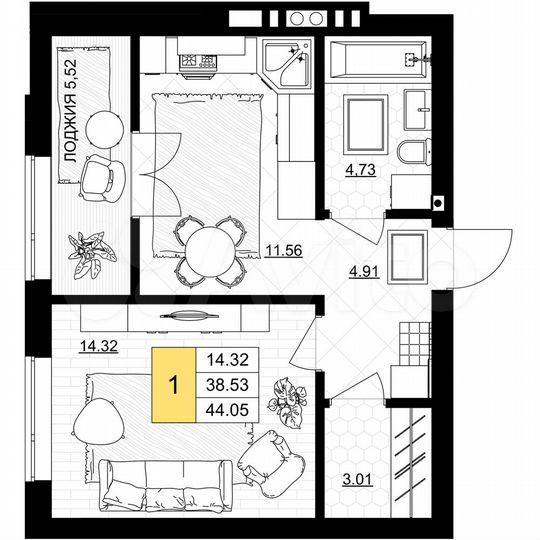 1-к. квартира, 44 м², 4/7 эт.