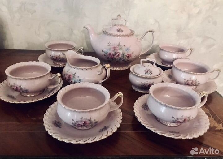 Винтажный чайный сервиз розовый фарфор Чехия