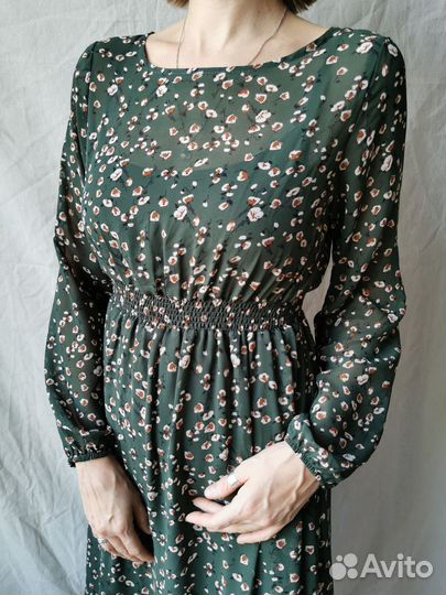 Платье женское шифоновое 42 зелёное длинный рукав