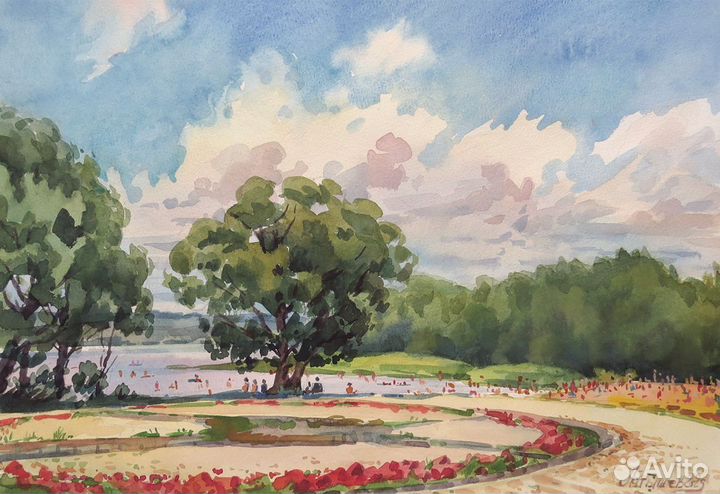 Картина акварель пляж Плещеево озеро 30х40