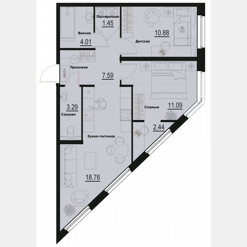 2-к. квартира, 59,5 м², 1/12 эт.
