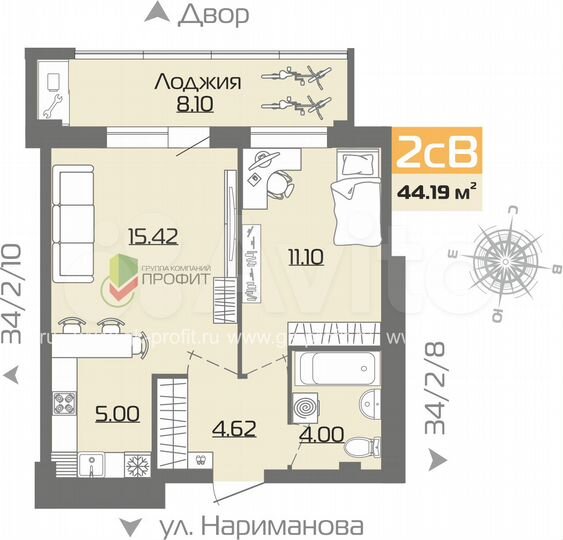 2-к. квартира, 44,2 м², 16/19 эт.