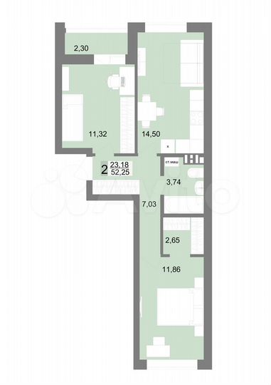 2-к. квартира, 52,3 м², 10/16 эт.