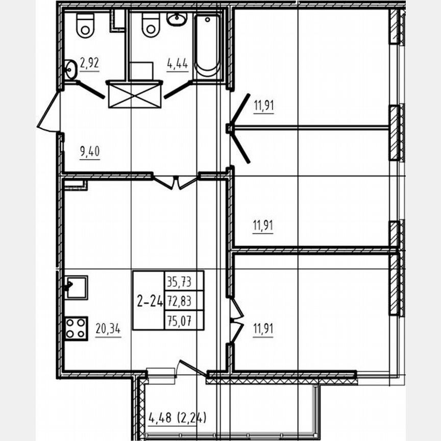 3-к. квартира, 72,8 м², 1/4 эт.