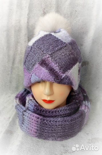 Шапка женская с меховым помпоном + шарф