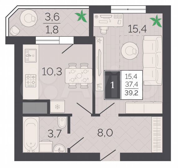 1-к. квартира, 39,2 м², 5/9 эт.