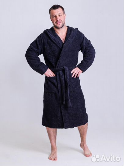 Халат махровый мужской с капюшоном 48-50 черный