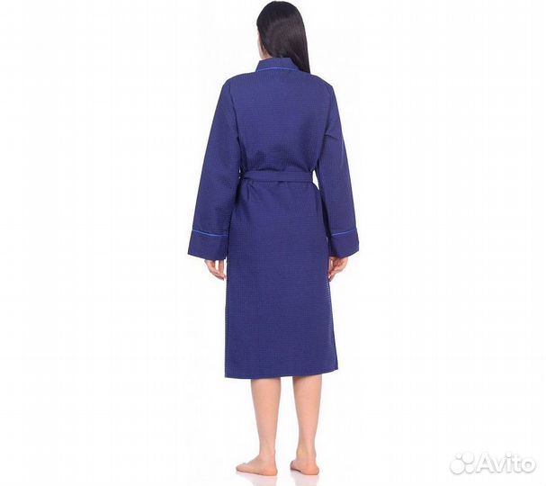 Халат вафельный Home One с кантом синий 44
