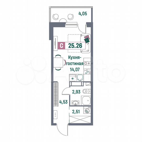 Квартира-студия, 25,3 м², 3/16 эт.