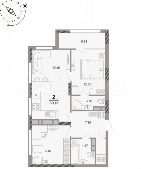 2-к. квартира, 69,1 м², 23/25 эт.