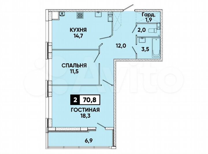 2-к. квартира, 70,8 м², 5/12 эт.