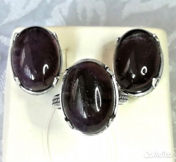 Серьги, кольцо серебрение аметист разм.17,5 С631