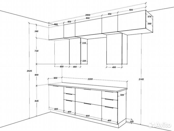 Кухня мдф+лдсп 2,8 м. Люкс-фурнитура, столешница
