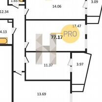 3-к. квартира, 77,2 м², 25/25 эт.