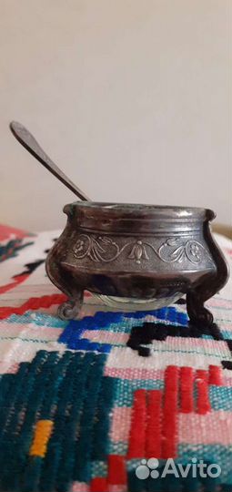 Мельхиоровая солонка с ложечкой