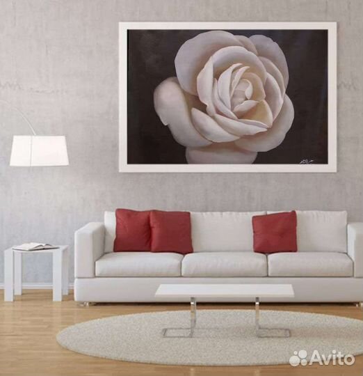 Картина маслом белая роза на черном