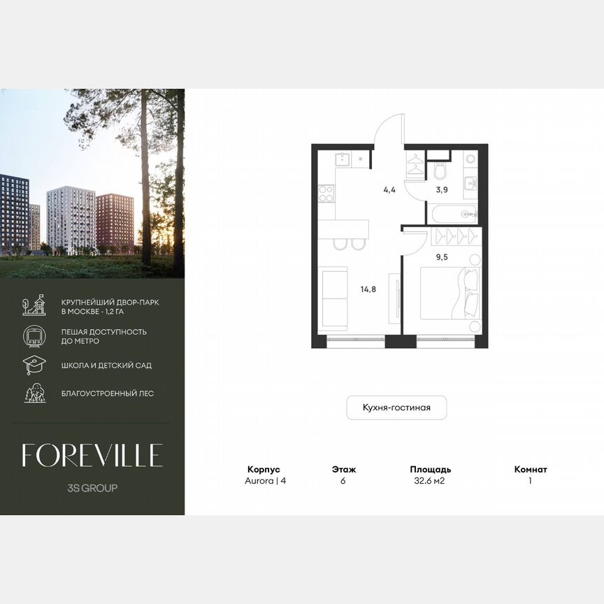 1-к. квартира, 32,6 м², 6/17 эт.