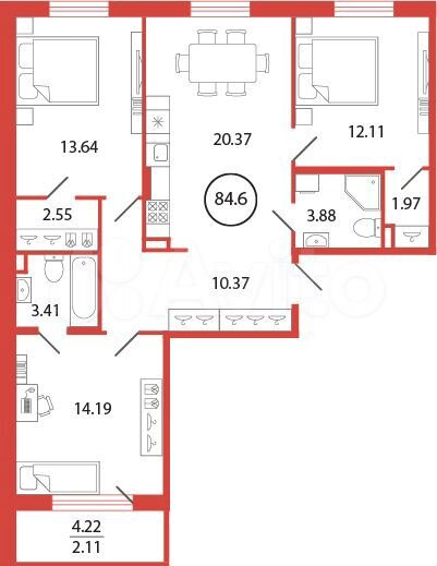 3-к. квартира, 84,6 м², 2/12 эт.