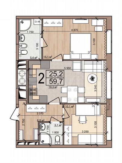 2-к. квартира, 59,7 м², 19/25 эт.