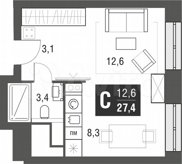 Квартира-студия, 27,4 м², 30/52 эт.