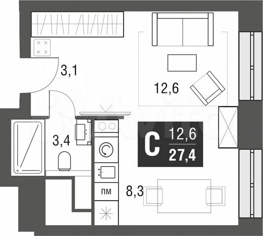 Квартира-студия, 27,4 м², 30/52 эт.