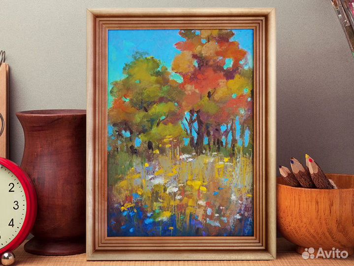 Картина осенний пейзаж ручной работы в раме дерево