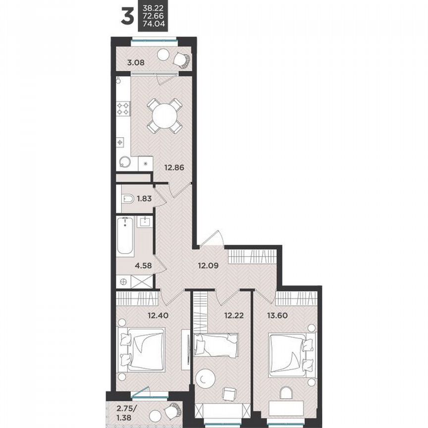3-к. квартира, 74 м², 1/4 эт.