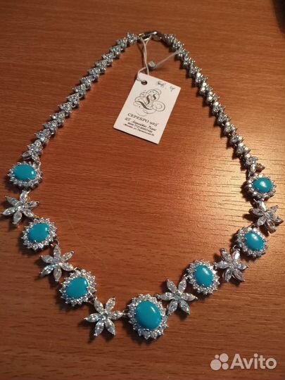 Серебряное колье бирюза, циркон+серьги серебро