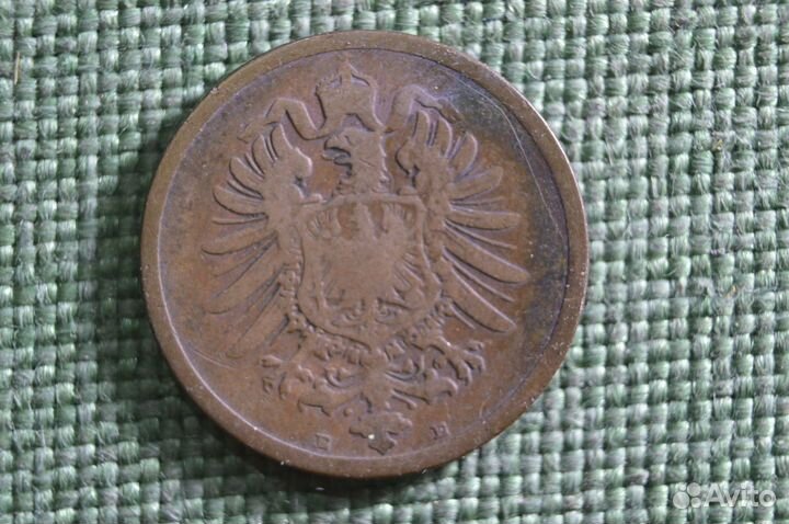 Монета 2 пфеннига 1875 года. Буква E. Дрезден. Deu