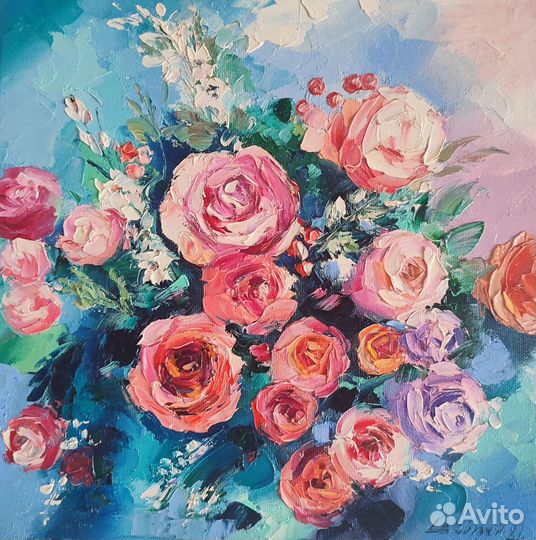 Картина маслом с розами 30/30 см