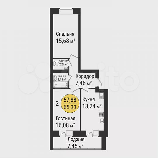 2-к. квартира, 65,3 м², 4/9 эт.