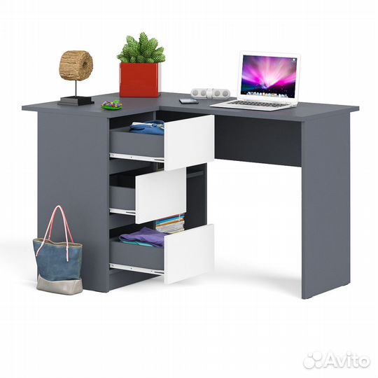 Угловой компьютерный стол Мори мс-16 левый графит/белый, 124,4х84,9х76,6 см, ящики слева, не универс