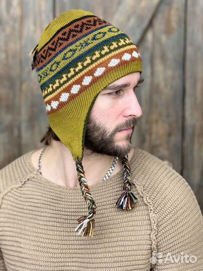 Мужская шапка двусторонняя с ушками зимняя Чульо 100% альпака цвет фисташковый-оливковый